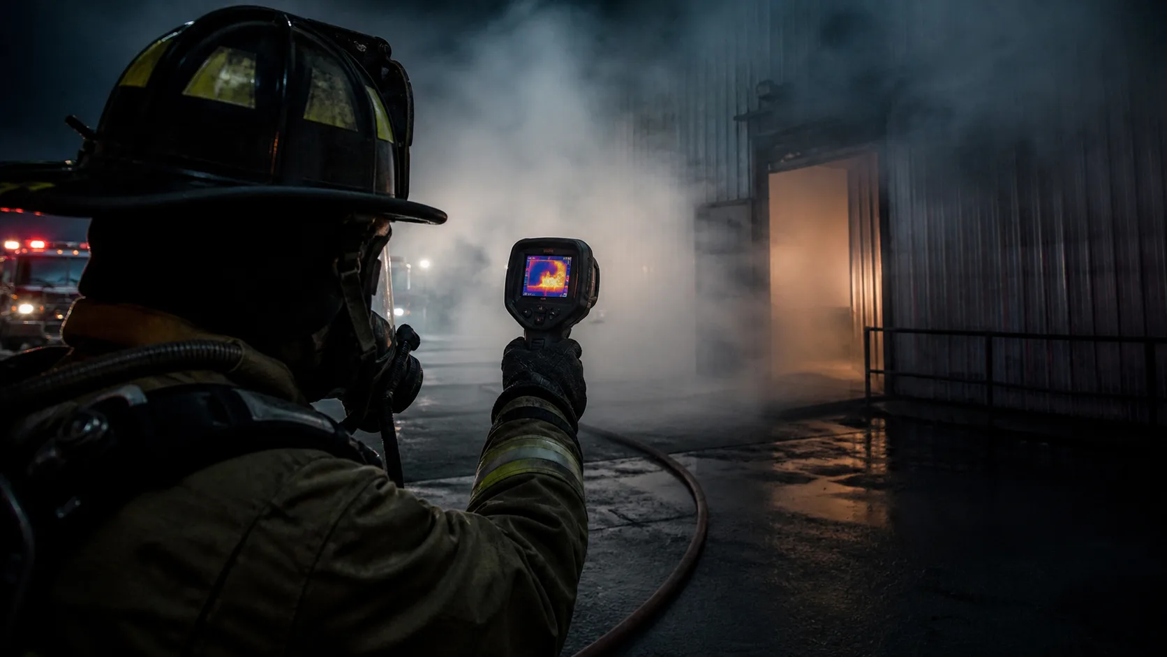 Firefighter using a handheld thermal imaging camera in smoke