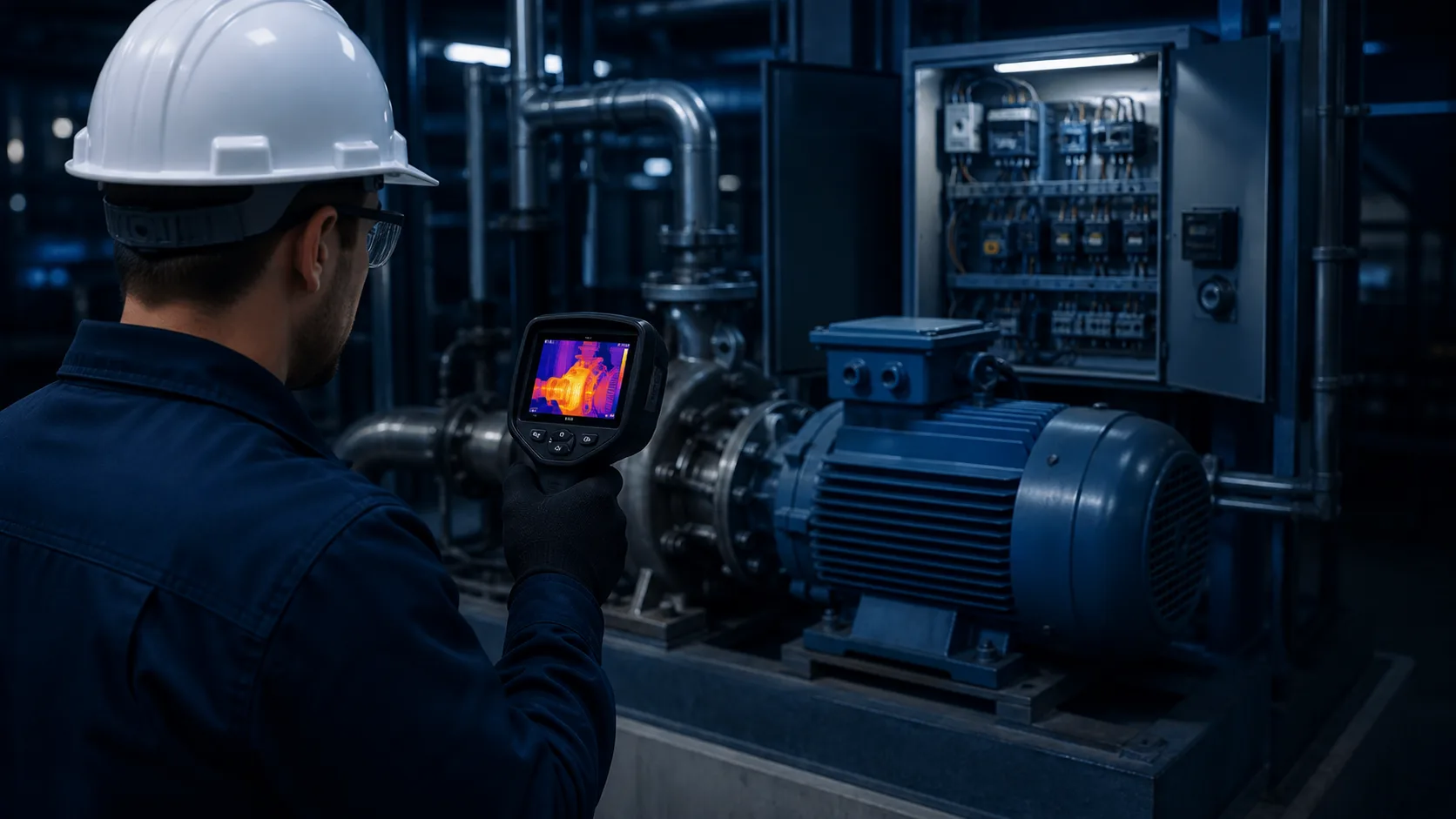 Engineer using a thermal imaging camera to inspect industrial equipment