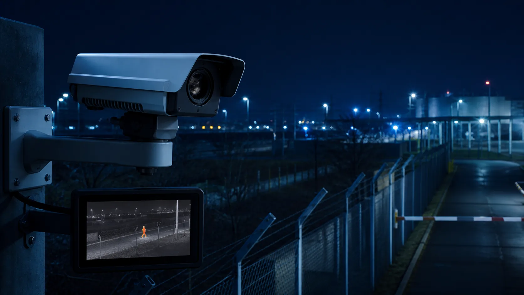 Fixed thermal security camera monitoring an industrial perimeter at night